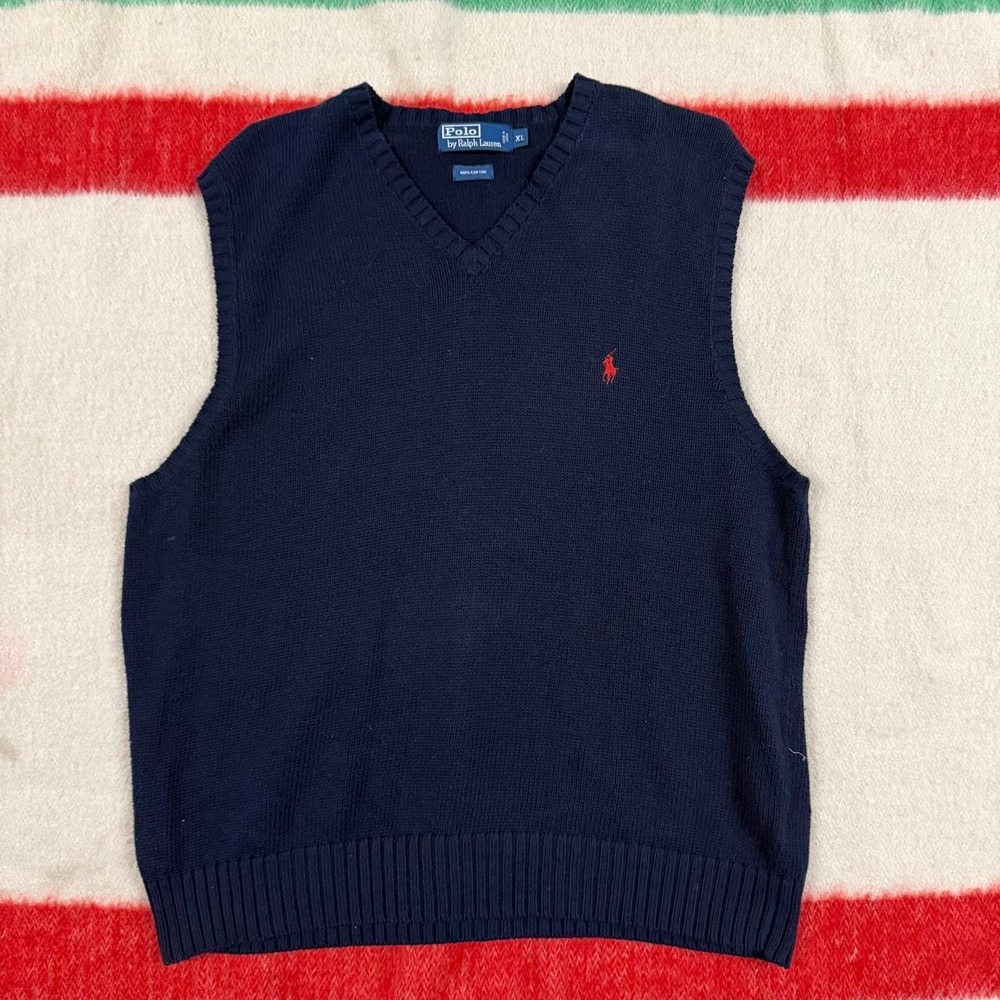 Vintage Polo Ralph Lauren Navy Blue Knit Cotton V-Neck Vest Mens XL Red Pony